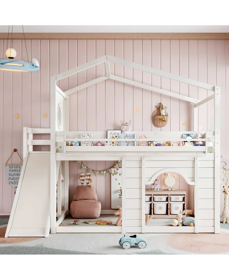 Streamdale Furniture Full Size House Loft Bed with Slide, Wardrobe and Bookshelves