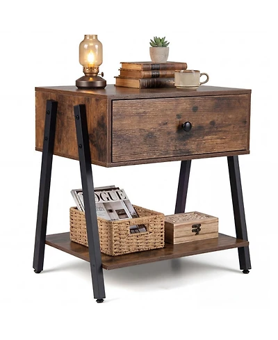 Gouun Industrial Nightstand with Wooden Drawer Open Shelf and Adjustable Foot Pads