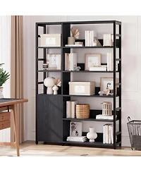 homfan 5 Tier Bookshelf with Doors, 71.1" Industrial Standing Shelf Metal Frame, Bookcase Adjustable and Rails for Living Room, Office