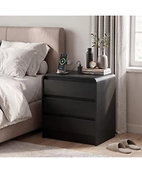 homfan 2-Pack Curved Nightstand with 3 Drawers and Open Shelf, Black Grain Finish, Charging Station, End Table for Bedroom