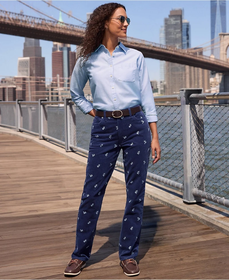 Lands' End Women's Fine Wale Embroidery Corduroy High Rise Straight Leg Pants
