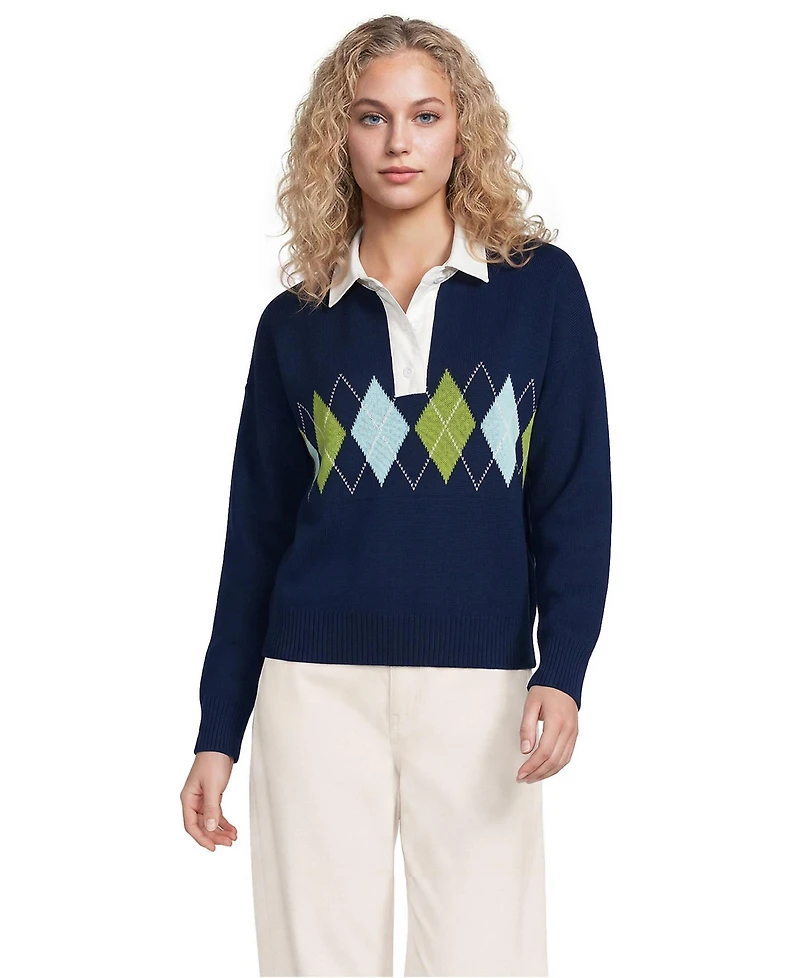 Lands' End Women's Drifter Jacquard Rugby with Woven Collar Sweater