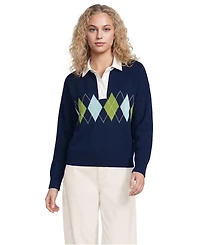Lands' End Women's Drifter Jacquard Rugby with Woven Collar Sweater