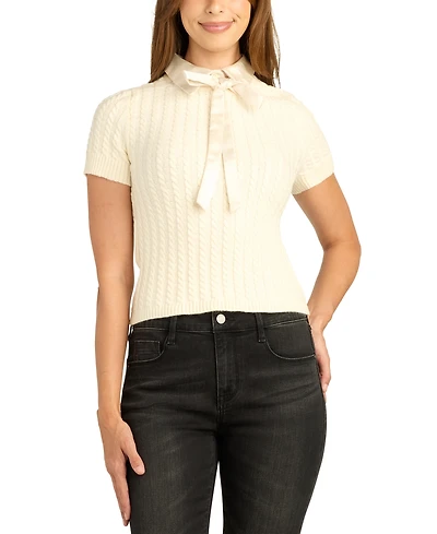 Bcx Juniors' Cable-Knit Contrast-Collar Back-Zipper Short-Sleeve Pullover Sweater