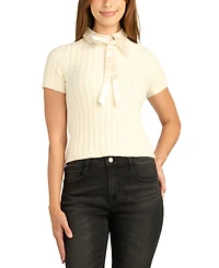 Bcx Juniors' Cable-Knit Contrast-Collar Back-Zipper Short-Sleeve Pullover Sweater