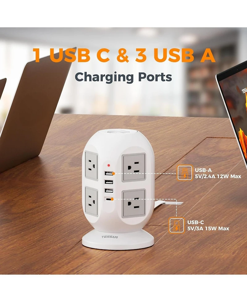 Tessan Tower Power Strip 8 Ac Outlets, 4 Usb Ports (Usb-c), 10-Foot Cord for North American Plugs