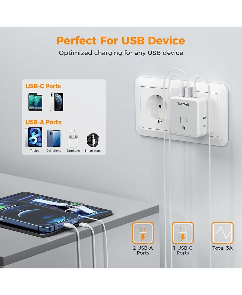 Tessan European and Italy Travel Plug Adapter with 3 Outlets and 3 Usb Ports
