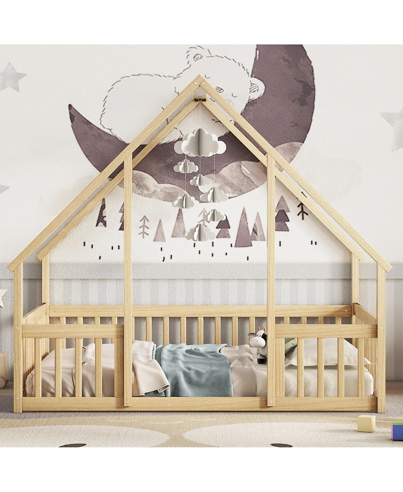 Sailvan Wood House-Shaped Floor Bed with Fence, Guardrails