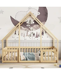 Sailvan Wood House-Shaped Floor Bed with Fence, Guardrails