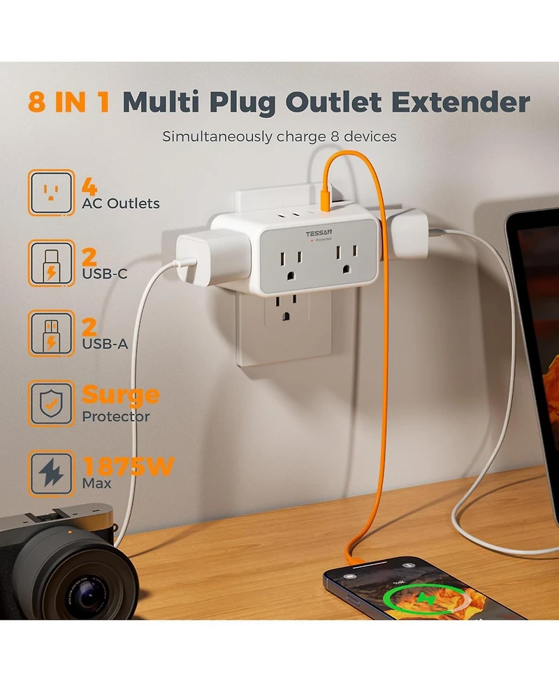 Tessan 4 Ac Outlets and 4 Usb Ports with Usb-c Outlet Extender for Compatible Devices
