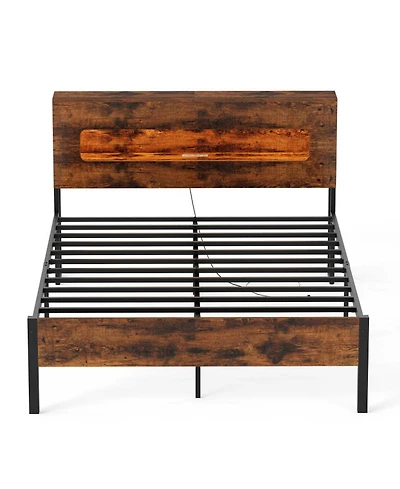 Sugift Full Size Slatted Bed Frame with Led Lights Storage Headboard and Charging Station
