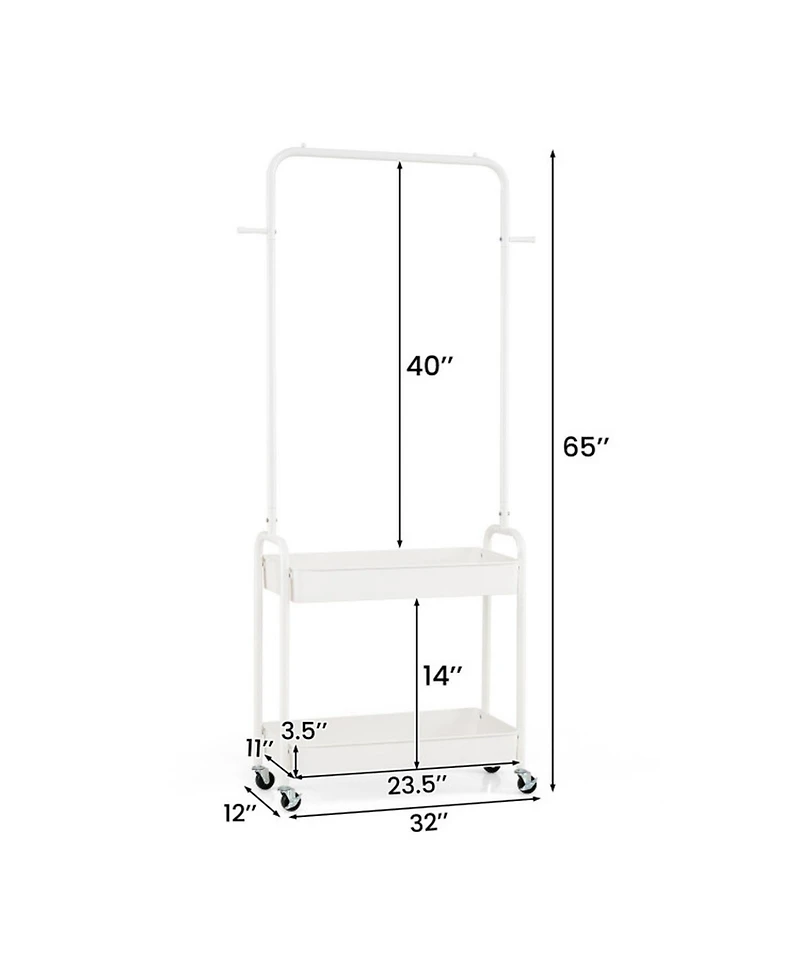 Sugift Heavy-Duty Laundry Cart with Hanging Rod 2 Storage Baskets and 2 Side Hooks for Bedroom