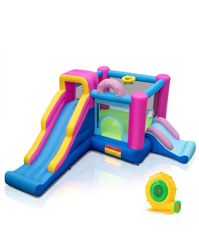 Sugift Doughnut-Themed Bounce House with Long and Short Slides Basketball Hoop, 179" x 133" x 79", 680W Blower, Up to 2 Children, Ages 3-12