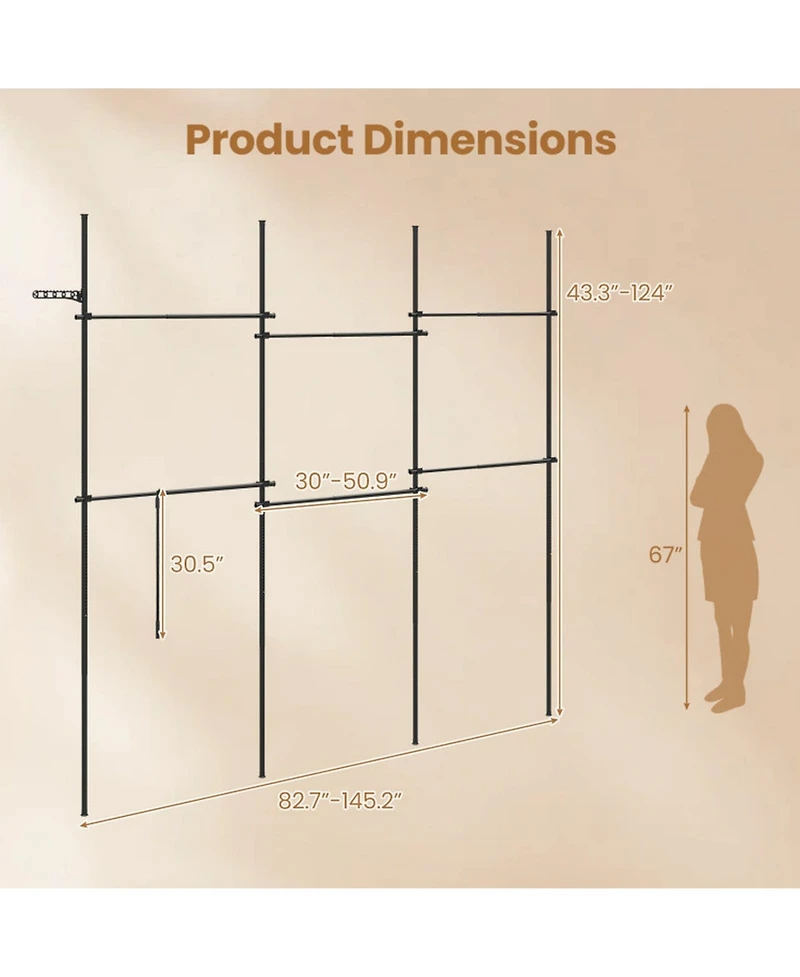 Hongge Floor to Ceiling Clothes Rack with Six Telescoping Hanging Bars