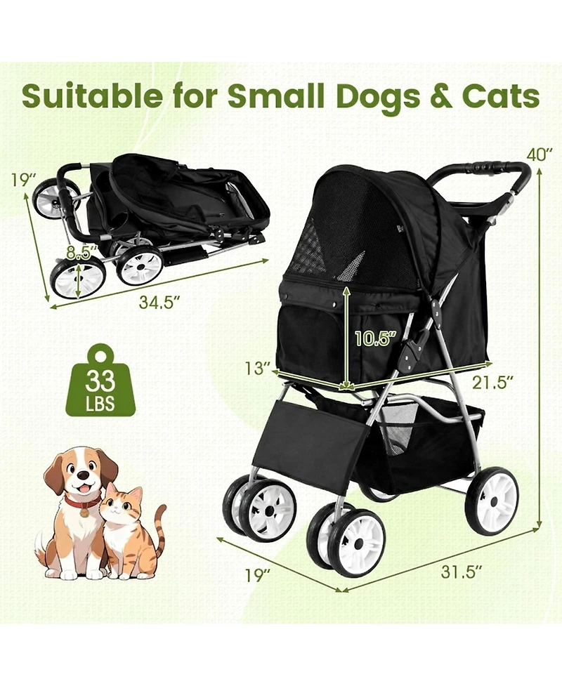 Hongge 4-Wheel Foldable Pet Stroller for Dogs up to 33 lbs