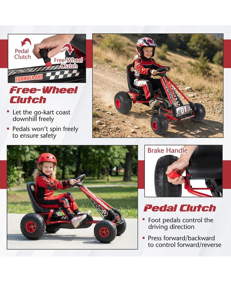 Hongge Pedal Go Kart with Adjustable Seat, Hand Brake and All-Terrain Wheels, 77 lb Capacity, Ages 3-8