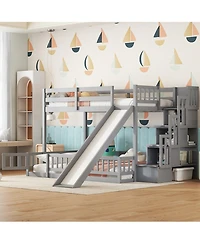 Sailvan Full Bunk Bed with Slide, Storage Staircase, Pine Safety Guardrails