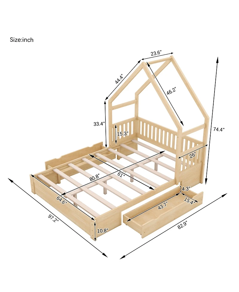 Sailvan Queen Wood House Platform Bed with Guardrail and 2 Storage Drawers