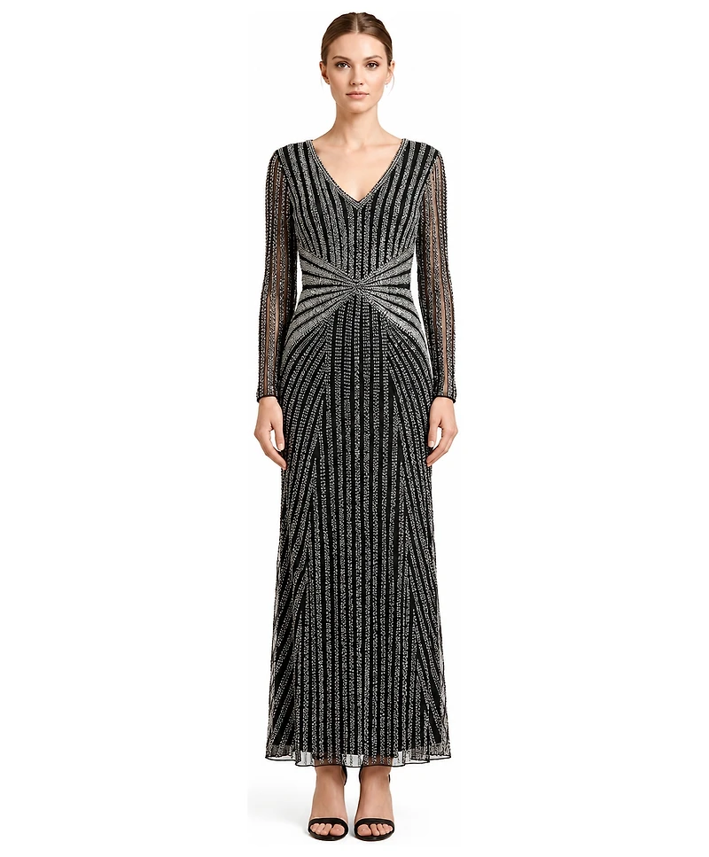 Lara Women's Long-Sleeve Beaded V-Neck Gown