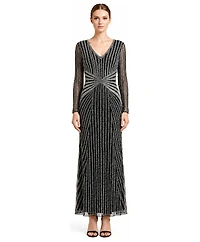 Lara Women's Long-Sleeve Beaded V-Neck Gown