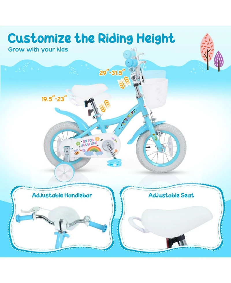 Sugift 14 in Girls' Bike with Adjustable Seat, Training Wheels & Coaster Brake, Ages 3-5