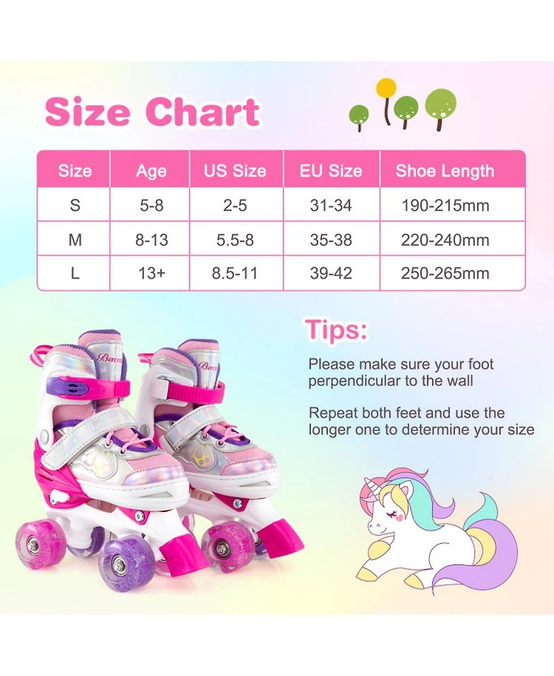 Hongge 4-Size Adjustable Kids Quad Roller Skates with Light-Up Wheels, Ages 5-8