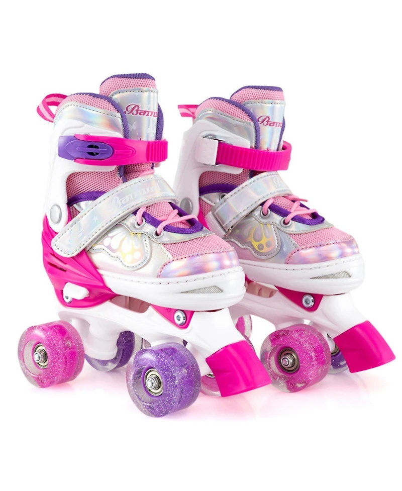 Hongge 4-Size Adjustable Kids Quad Roller Skates with Light-Up Wheels, Ages 5-8