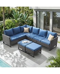 Pocassy Outdoor Sectional Sofa Pe Rattan Patio Conversation Sets, All Weather Furniture Set with Ottomans