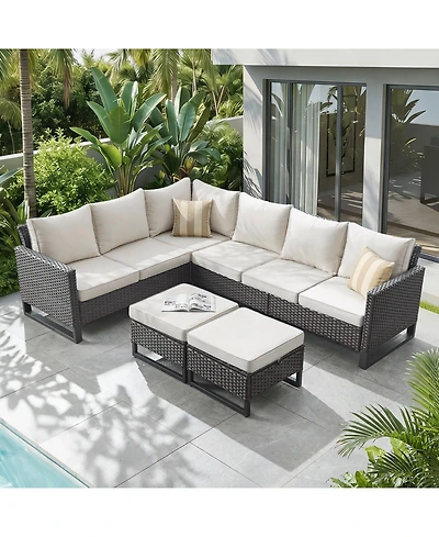 Pocassy Outdoor Sectional Sofa Pe Rattan Patio Conversation Sets, All Weather Furniture Set with Ottomans