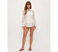 Dotti Women's Eyelet Openwork Dot Long-Sleeve Beach Shirt