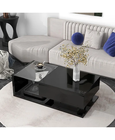 Rainsken Coffee Table with Tempered Glass, Wooden Center High-gloss Uv Surface, 2-Tier Rectangle Tea Drawer for Living Room