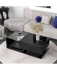 Rainsken Coffee Table with Tempered Glass, Wooden Center High-gloss Uv Surface, 2-Tier Rectangle Tea Drawer for Living Room