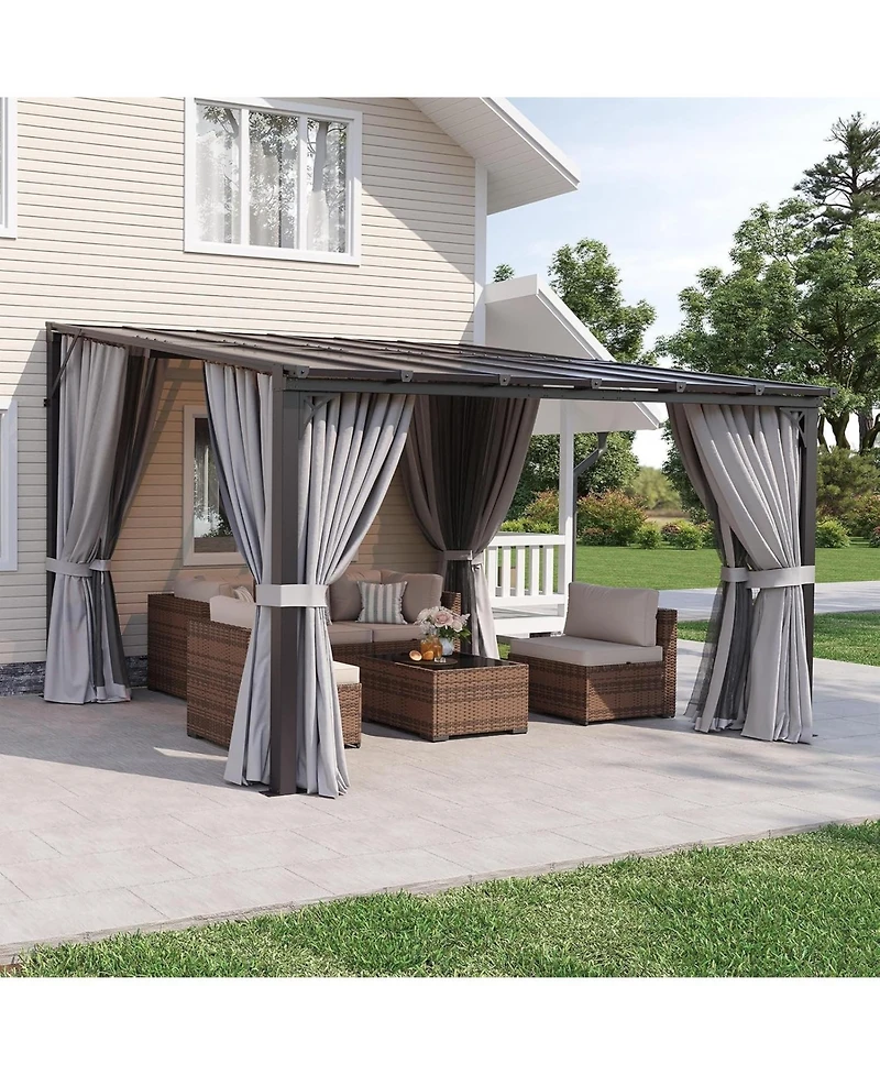 Aoxun 12'x10' Wall Mounted Lean to Gazebo, Aluminum Pergola with Polycarbonate Roof, Curtains and Mosquito Net
