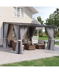Aoxun 12'x10' Wall Mounted Lean to Gazebo, Aluminum Pergola with Polycarbonate Roof, Curtains and Mosquito Net