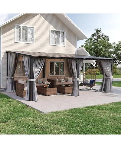 Aoxun 20'x10' Wall Mounted Lean to Gazebo, Aluminum Pergola with Polycarbonate Roof, Curtains and Net
