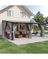 Aoxun 20'x10' Wall Mounted Lean to Gazebo, Aluminum Pergola with Polycarbonate Roof, Curtains and Net