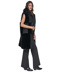 Dkny Women's Patch-Mix Mid-Length Collared Faux Fur Vest