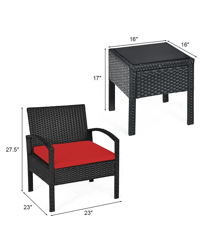 Costway 3PCS Patio Rattan Furniture Set Coffee Table & Chairs with Seat Cushions Garden