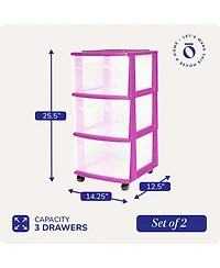 Homz Plastic 3 Drawer Medium Storage Container Tower, Purple Frame (2 Pack)