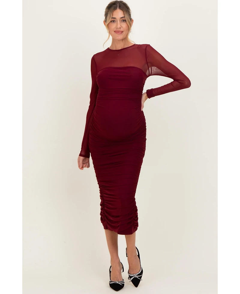 Pinkblush Women's Burgundy Mesh Ruched Long Sleeve Midi Dress