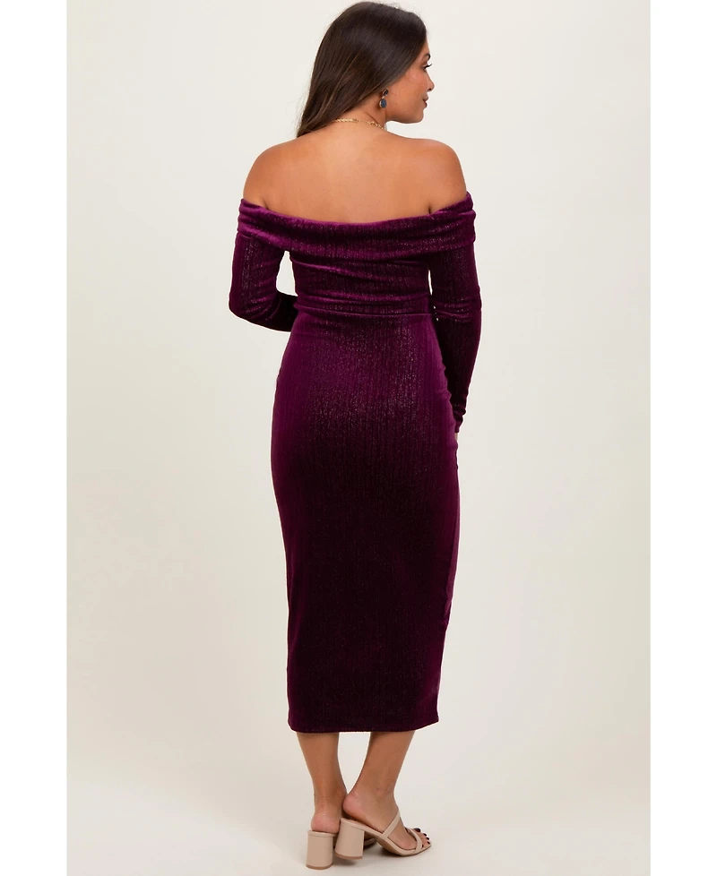 Pinkblush Women's Plum Shiny Velour Off Shoulder Midi Dress