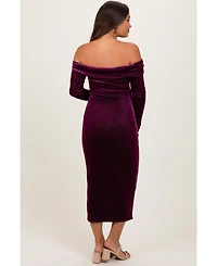 Pinkblush Women's Plum Shiny Velour Off Shoulder Midi Dress