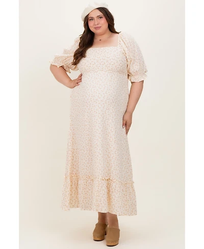 Pinkblush Plus Size Beige Floral Print Square Neckline Maxi Dress