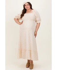 Pinkblush Plus Size Beige Floral Print Square Neckline Maxi Dress