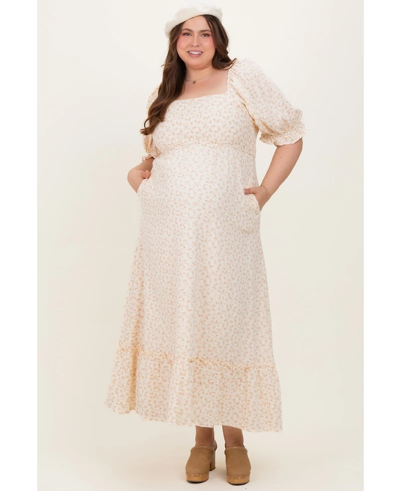 Pinkblush Plus Size Beige Floral Print Square Neckline Maxi Dress