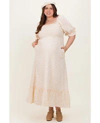 Pinkblush Plus Size Beige Floral Print Square Neckline Maxi Dress