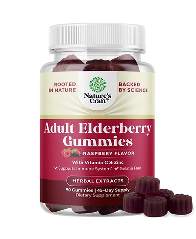 Nature's Craft Elderberry Gummies with Vitamin C and Zinc | Sambucus Elderberry Supplement | 90 Count