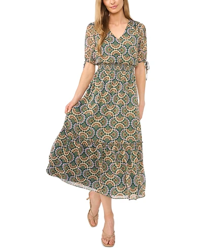CeCe Women's Short-Sleeve V-Neck Smocked-Waist Midi Dress