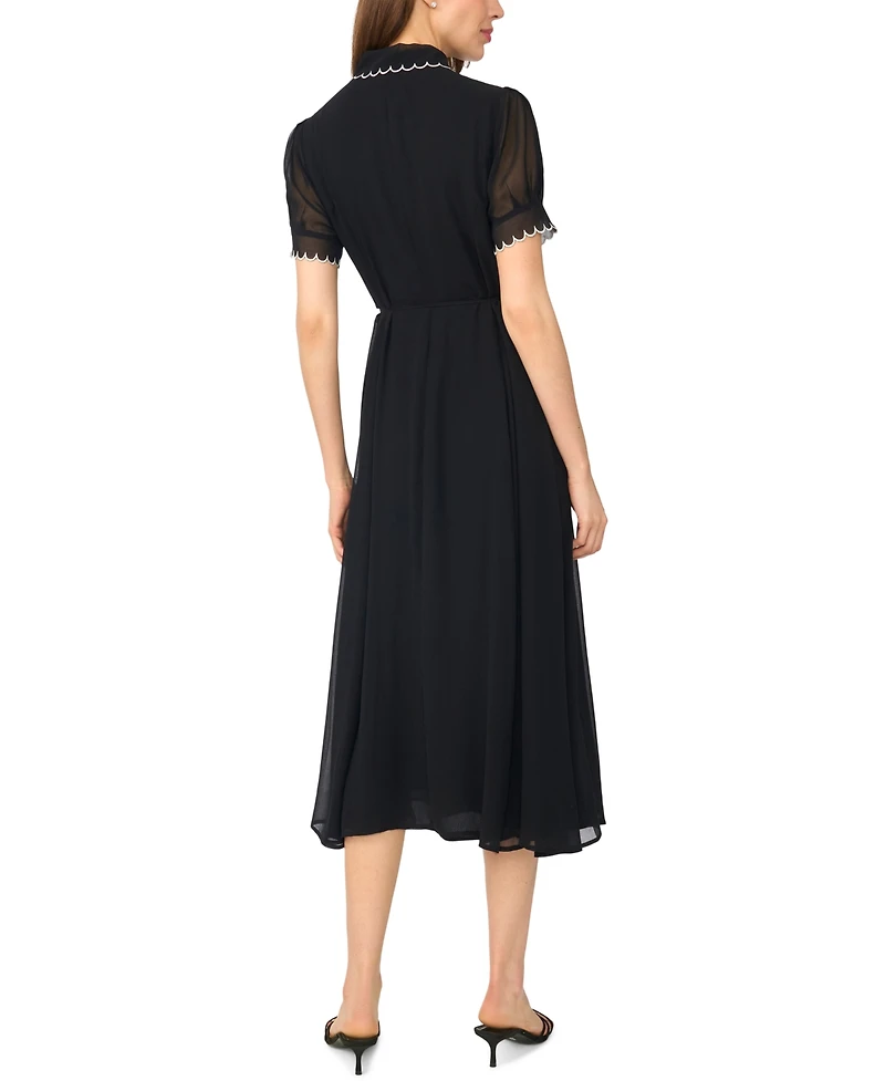 CeCe Women's Contrast Stitch S/S Scallop Midi Dress With Tie Waist