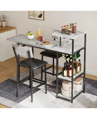 homfan 3-Piece Bar Table and Chairs Set Retro Grey Steel Frame Marble Top Storage Shelves Wine Rack Space-Saving for Kitchen Home Bar
